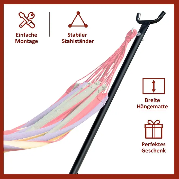 Outsunny Hängemattengestell - L x B x H: 286 x 117 x 110 cm, Metall - Bunte Hängematte auf schwarzem Stahlständer mit farbigen Streifen, einfach zu montieren und stabil.