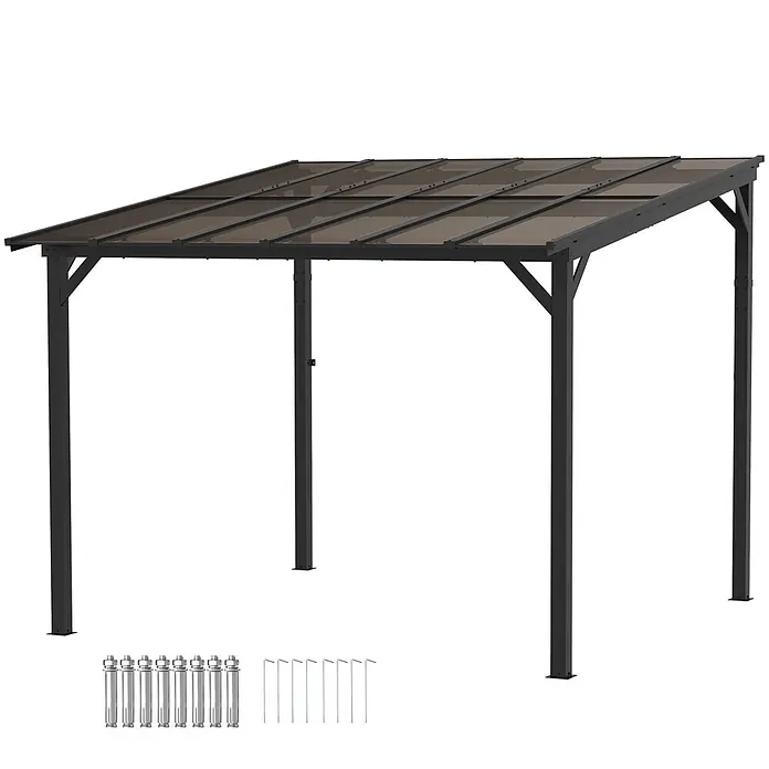 Outsunny Pergola - B x T: 294 x 258 cm, Farbe Gestell: Dunkelgrau, Aluminium - Dunkelgraue Anbaupergola mit braunem Polycarbonatdach, inklusive Bodenankern.