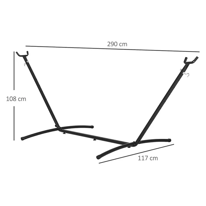 Outsunny Hängemattengestell - L x B x H: 286 x 117 x 110 cm, Metall - Schwarzer Metall-Hängemattenständer mit verstellbaren Haken, Länge (290 cm), Höhe (108 cm) und Basisbreite (117 cm) angezeigt.