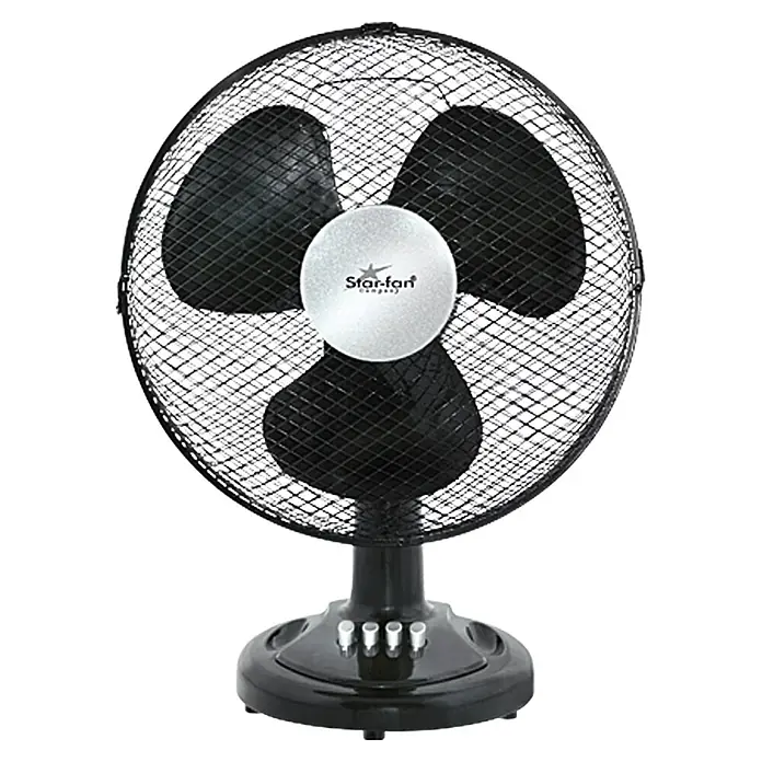 Voltomat Ventilador de sobremesa Hawai - Negro, 30 cm - Ventilador de mesa con borde negro, tres palas y un emblema plateado en el centro para una refrigeración eficaz.
