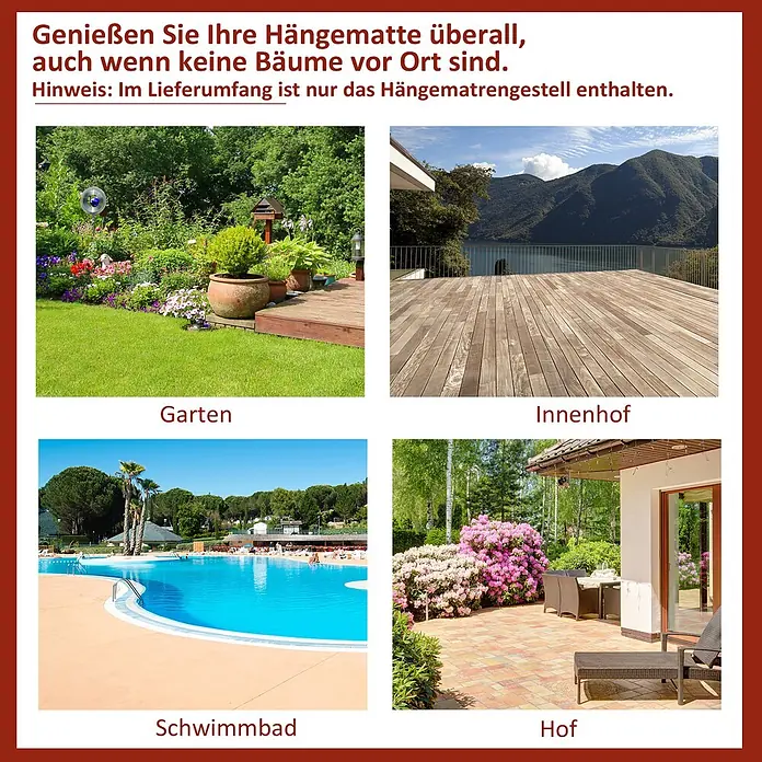 Outsunny Hängemattengestell - L x B x H: 286 x 117 x 110 cm, Metall - Illustration der Vielseitigkeit eines Hängemattengestells an verschiedenen Orten wie Garten, Terrasse und Pool.