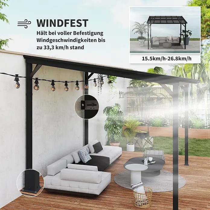 Outsunny Pergola - B x T: 294 x 258 cm, Farbe Gestell: Dunkelgrau, Aluminium - Schwarze Wandpergola auf einer Holzterrasse, windbeständig bis 33,3 km/h mit sicherer Befestigung.