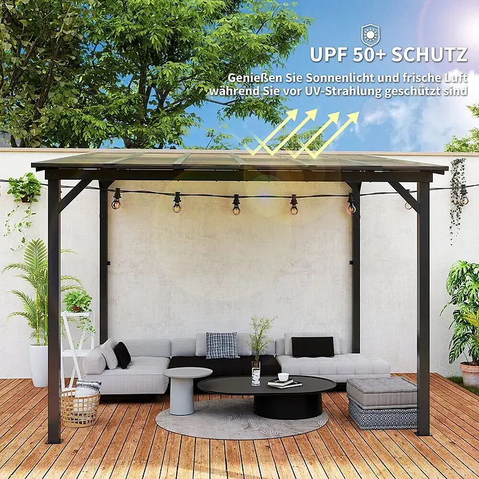 Outsunny Pergola - B x T: 294 x 258 cm, Farbe Gestell: Dunkelgrau, Aluminium - Schwarze Metallpergola mit lichtdurchlässigem Dach über einer Outdoor-Lounge auf einer Holzterrasse, bietet UPF 50+ UV-Schutz.
