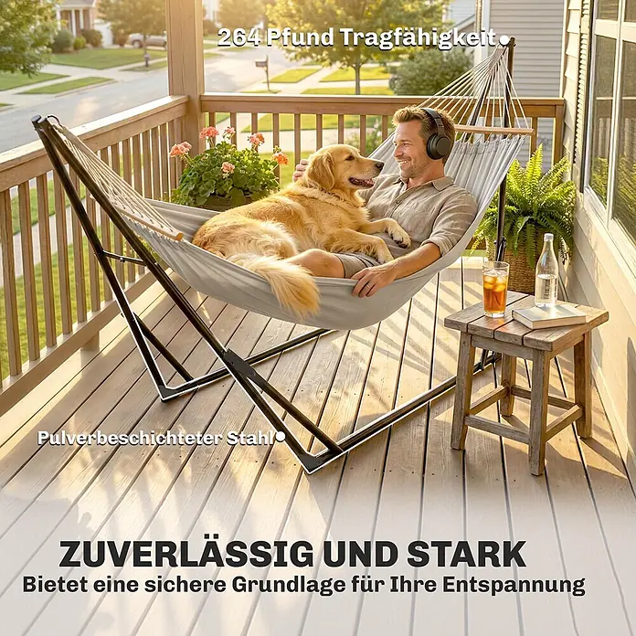 Outsunny Hängemattengestell - L x B x H: 290 x 78 x 100 cm, Stahl - Hängematte aus grauem Stoff mit schwarzem pulverbeschichtetem Stahlgestell, zeigt eine Person und Hund auf einer Veranda.