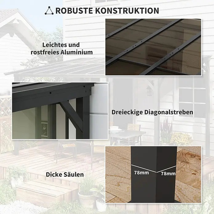 Outsunny Pergola - B x T: 294 x 258 cm, Farbe Gestell: Dunkelgrau, Aluminium - Robuste Terrassenüberdachung: leichtes, rostfreies Aluminium, diagonale Streben und dicke 78mm Säulen.