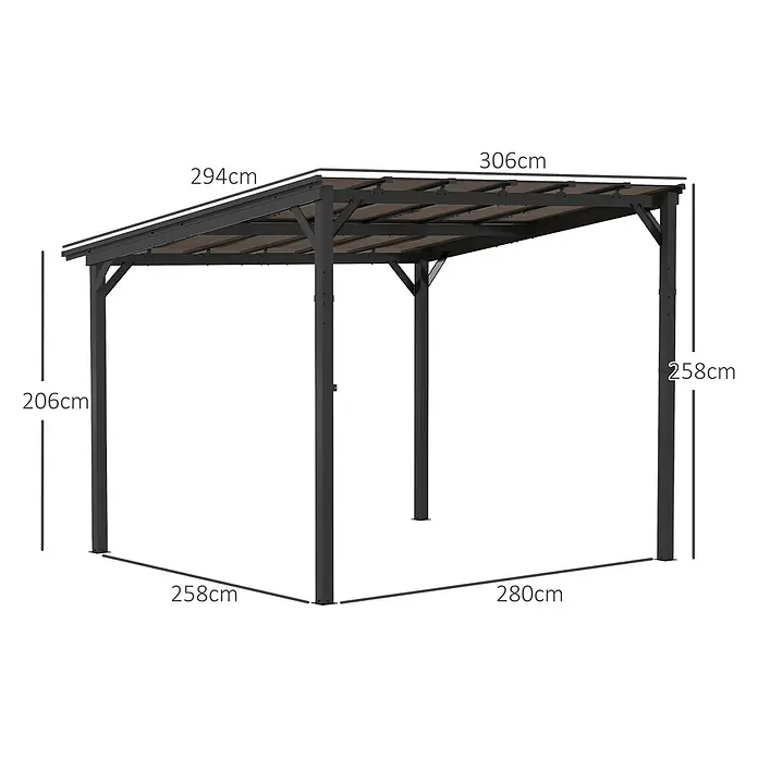 Outsunny Pergola - B x T: 294 x 258 cm, Farbe Gestell: Dunkelgrau, Aluminium - Dunkelbraune Metallpergola mit schrägem braunem Dach. Bemaßungen für unterschiedliche Höhen (206-258cm) und Grundfläche (258x280cm) sind angegeben.