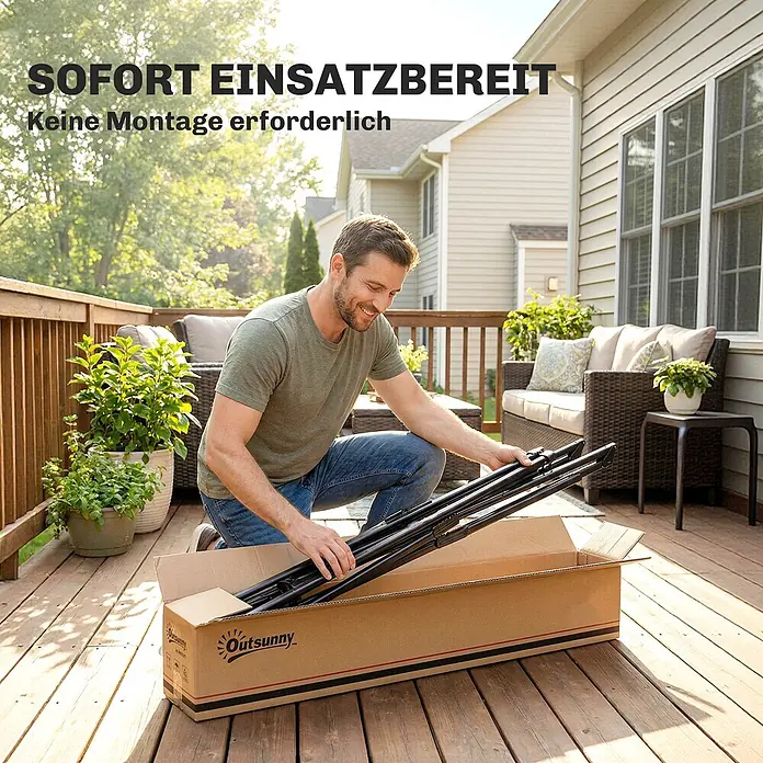 Outsunny Hängemattengestell - L x B x H: 290 x 78 x 100 cm, Stahl - Mann packt einen schwarzen, klappbaren Metallrahmen aus einer Box auf einer Terrasse aus. Das Produkt ist sofort einsatzbereit und erfordert keine Montage.