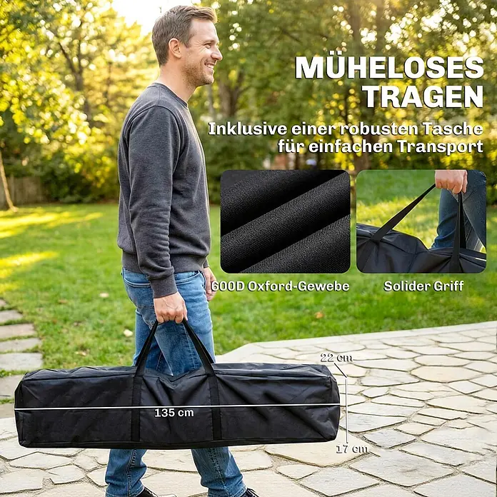 Outsunny Hängemattengestell - L x B x H: 290 x 78 x 100 cm, Stahl - Mann trägt robuste schwarze 600D Oxford-Transporttasche mit stabilen Griffen; Maße 135x22x17 cm.