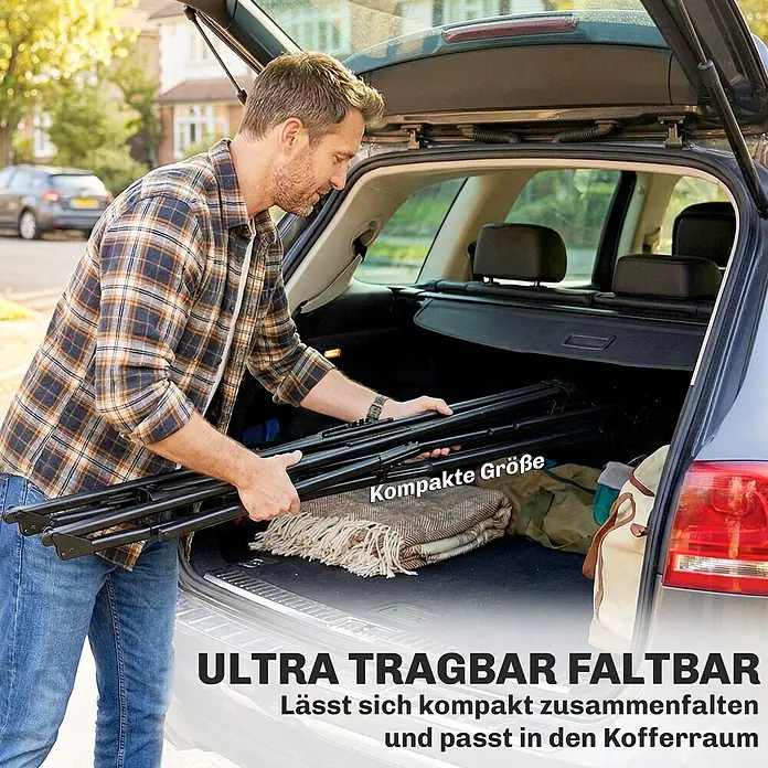 Outsunny Hängemattengestell - L x B x H: 290 x 78 x 100 cm, Stahl - Mann verstaut einen schwarzen, zusammengeklappten Klapprahmen im Kofferraum, der seine kompakte Transportgröße hervorhebt.