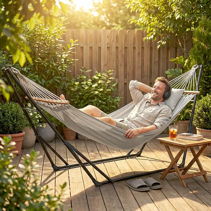 Outsunny Hängemattengestell - L x B x H: 290 x 78 x 100 cm, Stahl - Ein Mann entspannt sich in einer grauen Hängematte mit schwarzem Gestell auf einer Holzterrasse im Sonnenschein.
