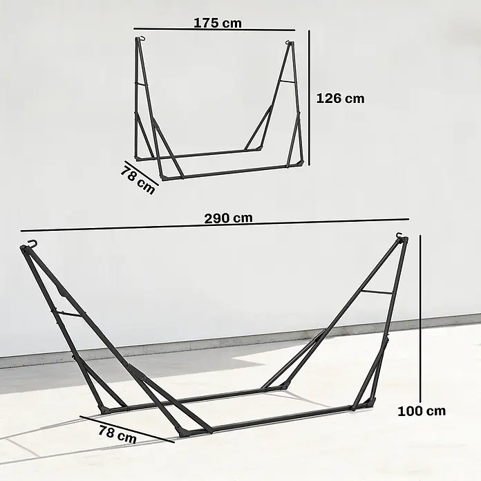 Outsunny Hängemattengestell - L x B x H: 290 x 78 x 100 cm, Stahl - Verstellbares Hängematten-Gestell aus schwarzem Metall mit Maßen für erweiterte und kompakte Konfigurationen.