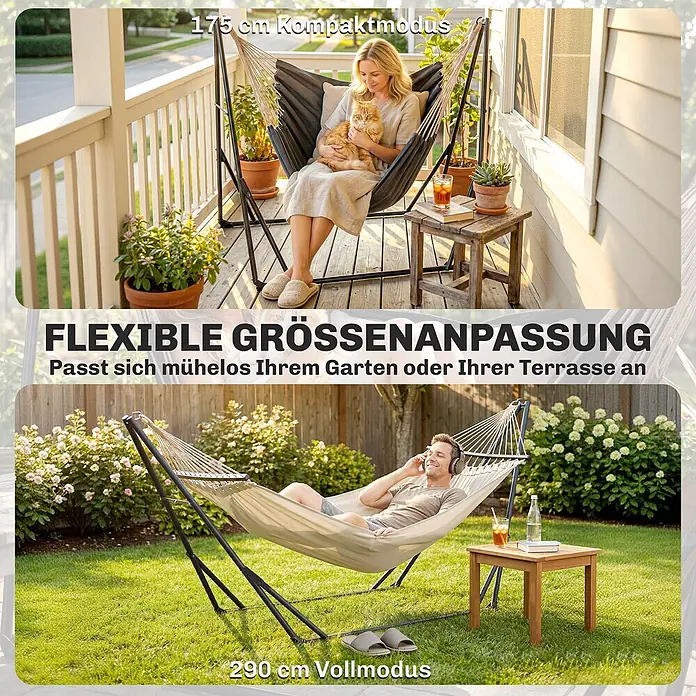 Outsunny Hängemattengestell - L x B x H: 290 x 78 x 100 cm, Stahl - Flexibles Hängematten-Gestell, verstellbar für Sessel (175 cm) oder Liege (290 cm) in Beige und Schwarz.