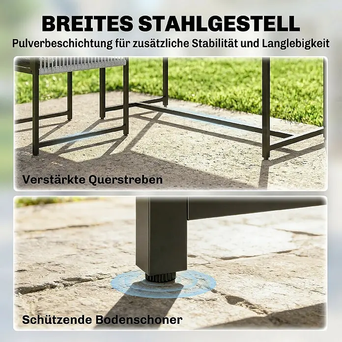 Outsunny Gartentisch-Set - Gesamtumfang: 5 -tlg., Stahl, Gehärtetes Glas, Netzstoff, Baumwoll, Klappbar - Breites, pulverbeschichtetes Stahlgestell mit verstärkten Querstreben und schützenden Bodenschonern für Stabilität und Langlebigkeit.