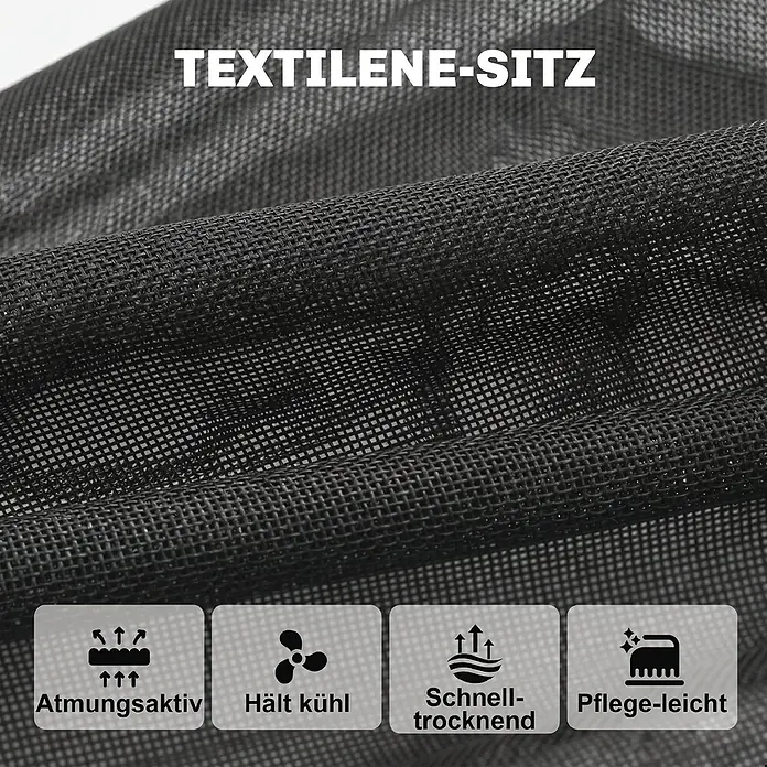 Outsunny Gartentisch-Set - Gesamtumfang: 5 -tlg., Stahl, Gehärtetes Glas, Netzstoff, Baumwoll, Klappbar - Nahaufnahme von schwarzem Textilgewebe, das seine atmungsaktiven, kühlenden, schnelltrocknenden und pflegeleichten Eigenschaften hervorhebt.