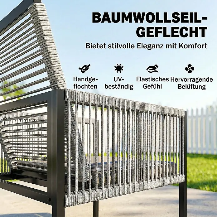 Outsunny Gartentisch-Set - Gesamtumfang: 5 -tlg., Stahl, Gehärtetes Glas, Netzstoff, Baumwoll, Klappbar - Stilvoller Outdoor-Sessel mit schwarzem Metallrahmen und hellgrauer Rück- und Armlehne aus geflochtenem Baumwollseil.