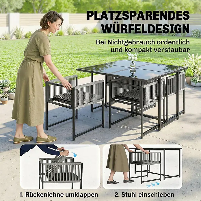 Outsunny Gartentisch-Set - Gesamtumfang: 5 -tlg., Stahl, Gehärtetes Glas, Netzstoff, Baumwoll, Klappbar - Dunkelgraue Gartenmöbelgarnitur mit Glastisch und 4 Stühlen. Stühle mit klappbarer Rückenlehne für kompakte Aufbewahrung unter dem Tisch.