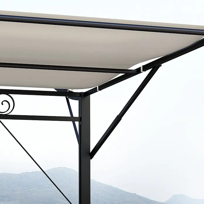 Outsunny Pergola - B x T: 250 x 363 cm, Farbe Gestell: Schwarz, Stahl - Beigefarbenes Stoffdach auf schwarzem Metallgestell einer Pergola mit Zierranken, vor Bergblick im Freien.