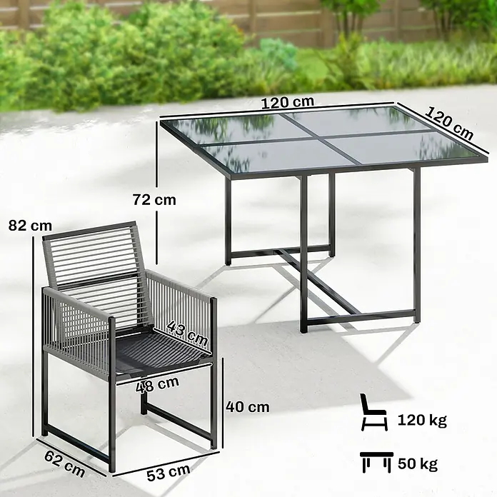 Outsunny Gartentisch-Set - Gesamtumfang: 5 -tlg., Stahl, Gehärtetes Glas, Netzstoff, Baumwoll, Klappbar - Gartenset mit quadratischem Tisch aus schwarzem Metall und Glas (120x120x72 cm) und passendem Stuhl (82x53x62 cm) mit grauen Seildetails.
