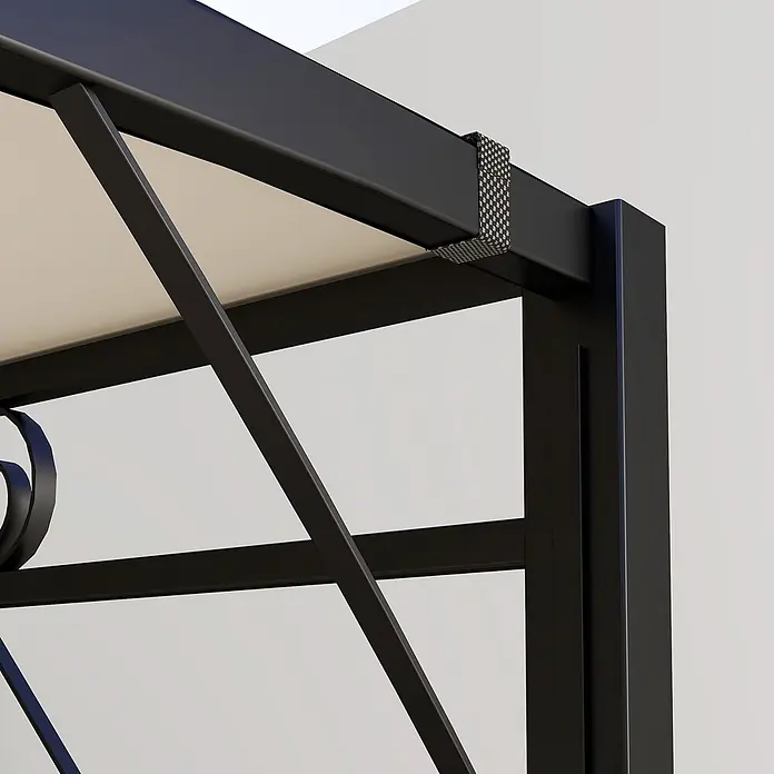 Outsunny Pergola - B x T: 250 x 363 cm, Farbe Gestell: Schwarz, Stahl - Nahaufnahme eines schwarzen Metallpergola-Rahmens mit hellfarbiger Stoffüberdachung und strukturiertem Halteband.