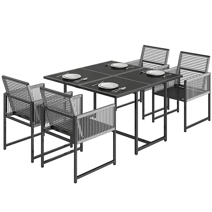 Outsunny Gartentisch-Set - Gesamtumfang: 5 -tlg., Stahl, Gehärtetes Glas, Netzstoff, Baumwoll, Klappbar - Essgruppe für den Außenbereich mit rechteckigem dunkelgrauem Tisch und vier Stühlen mit dunkelgrauen Metallgestellen und geflochtenen dunkel- und hellgrauen Seilakzenten.