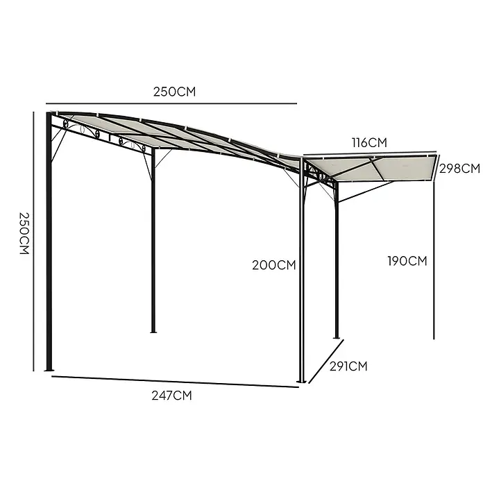 Outsunny Pergola - B x T: 250 x 363 cm, Farbe Gestell: Schwarz, Stahl - L-förmiges Metallpavillon mit beigem Dach, Gesamtabmessungen dargestellt.