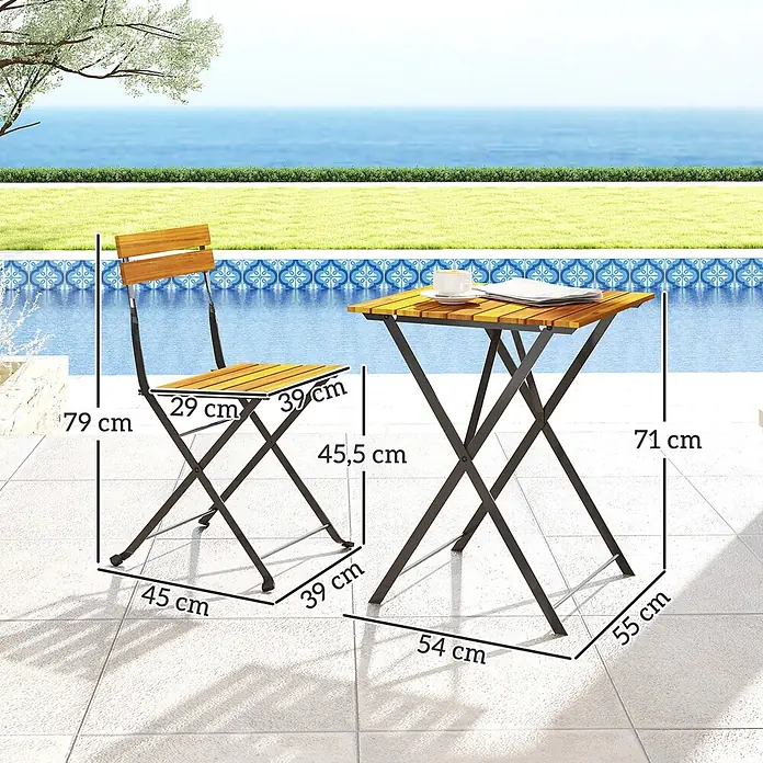 Outsunny Gartentisch-Set - Gesamtumfang: 3 -tlg., Stahl, Akazienholz, Klappbar - Klappbares Bistro-Set aus Holz und Metall mit Tisch und Stuhl, maßgeblich abgebildet in Pool-Umgebung. Tisch 71 cm, Stuhl 79 cm hoch.