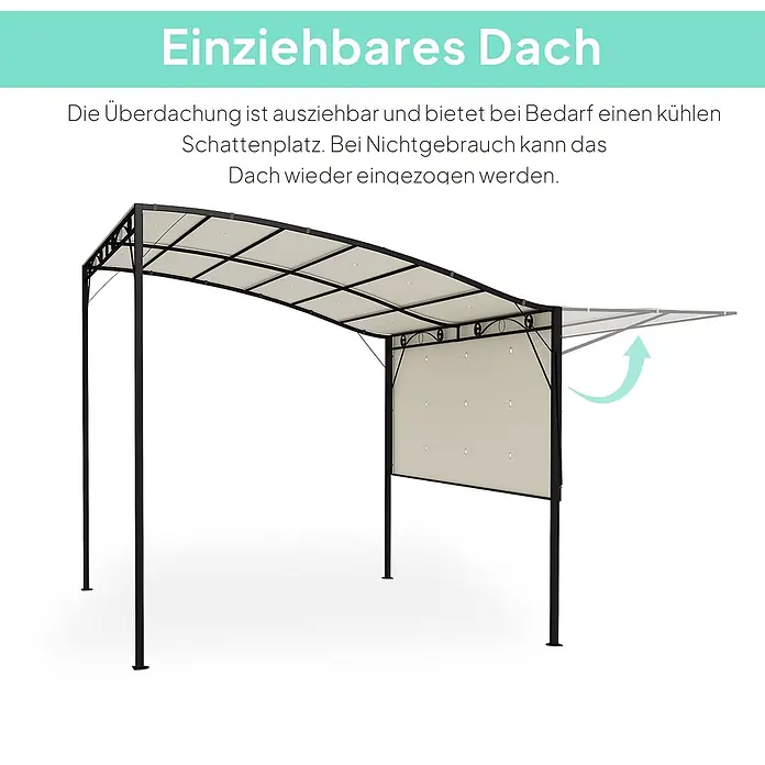 Outsunny Pergola - B x T: 250 x 363 cm, Farbe Gestell: Schwarz, Stahl - Pergola mit schwarzem Gestell und beigefarbenem, ausziehbarem Dach, teilweise eingefahren.