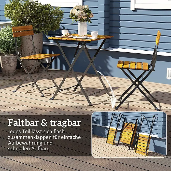 Outsunny Gartentisch-Set - Gesamtumfang: 3 -tlg., Stahl, Akazienholz, Klappbar - Ein faltbares Bistrotisch-Set aus Holzlatten und dunklem Metall (Tisch & zwei Stühle) auf einer Terrasse, mit einer Einblendung der flach zusammengeklappten Teile.