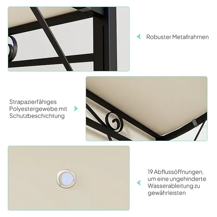 Outsunny Pergola - B x T: 250 x 363 cm, Farbe Gestell: Schwarz, Stahl - Nahaufnahme eines Produkts mit robustem Metallrahmen, strapazierfähigem Polyestergewebe und Abflussöffnungen.