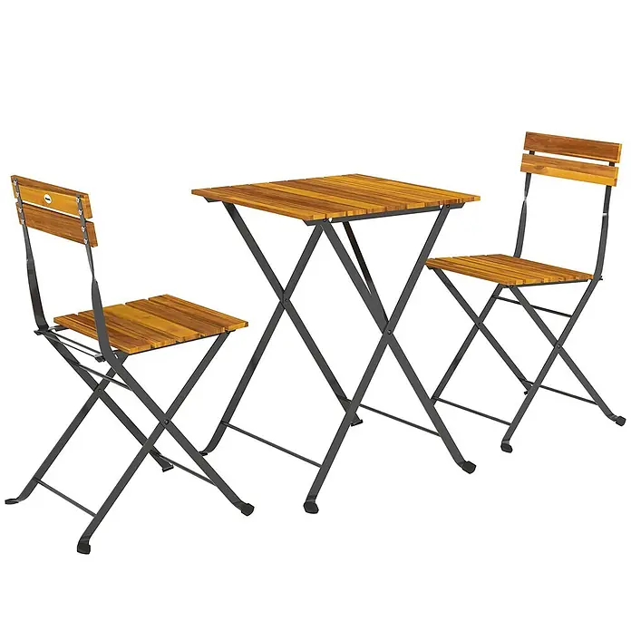 Outsunny Gartentisch-Set - Gesamtumfang: 3 -tlg., Stahl, Akazienholz, Klappbar - Klappbares Bistrotisch-Set mit quadratischem Lattenholztisch und zwei passenden Stühlen mit dunklen Metallrahmen.