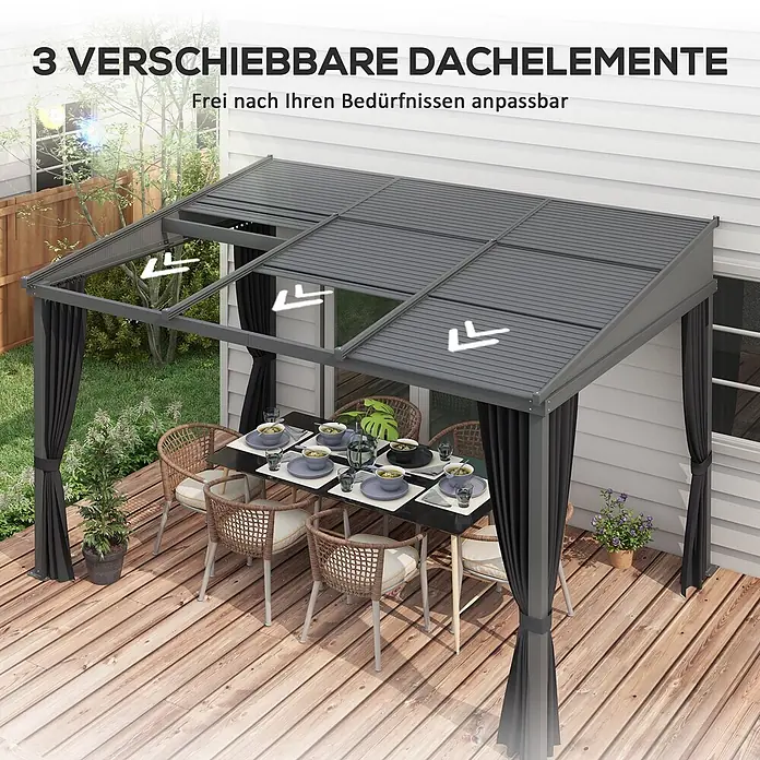 Outsunny Pergola - Farbe Gestell: Dunkelgrau, Aluminium - Dunkelgraue Pergola auf einer Holzterrasse mit verschiebbarem Dach und Vorhängen, für den Außenbereich. Drei bewegliche Dachelemente bieten einstellbaren Schatten.