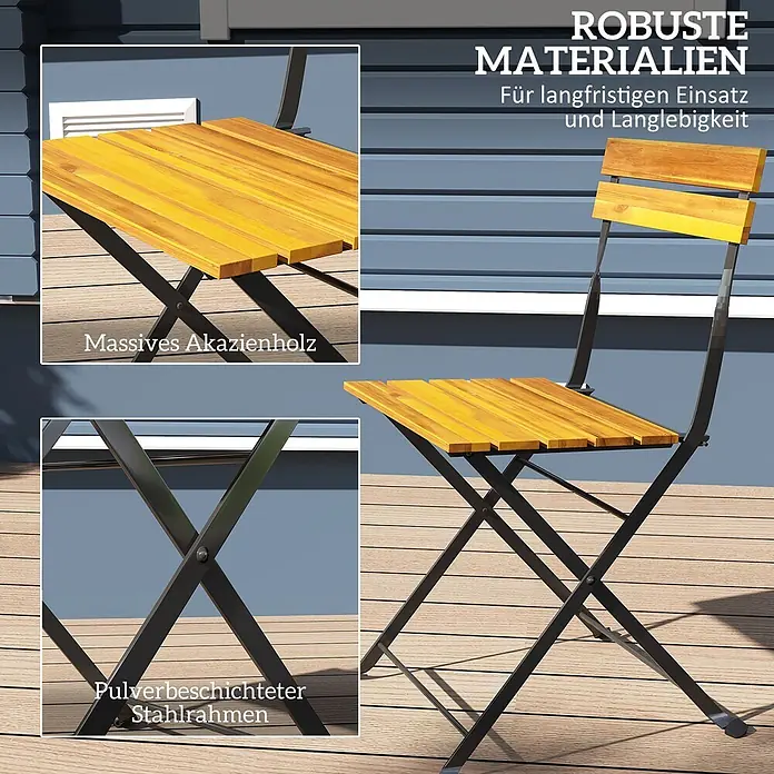 Outsunny Gartentisch-Set - Gesamtumfang: 3 -tlg., Stahl, Akazienholz, Klappbar - Klappstuhl aus massivem Akazienholz und pulverbeschichtetem Stahlrahmen für den Außenbereich.