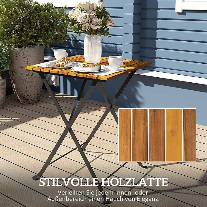 Outsunny Gartentisch-Set - Gesamtumfang: 3 -tlg., Stahl, Akazienholz, Klappbar - Klappbarer Holztisch mit Lattenplatte und schwarzem Metallgestell, für Mahlzeiten auf dem Balkon.