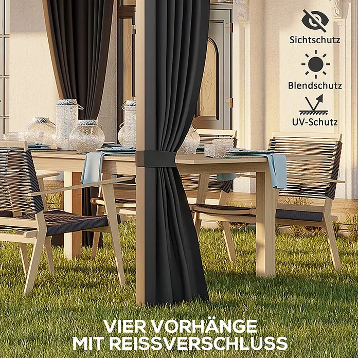 Outsunny Pergola - Farbe Gestell: Dunkelgrau, Aluminium - Vier schwarze Outdoor-Vorhänge mit Reißverschlüssen, zurückgebunden für Sicht-, Blend- und UV-Schutz auf einer Terrasse.