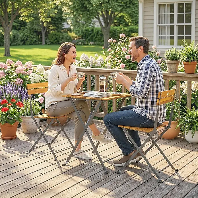 Outsunny Gartentisch-Set - Gesamtumfang: 3 -tlg., Stahl, Akazienholz, Klappbar - Ein Bistro-Set aus Holz und Metall mit Tisch und zwei Stühlen, genutzt von einem Paar auf einer Terrasse.