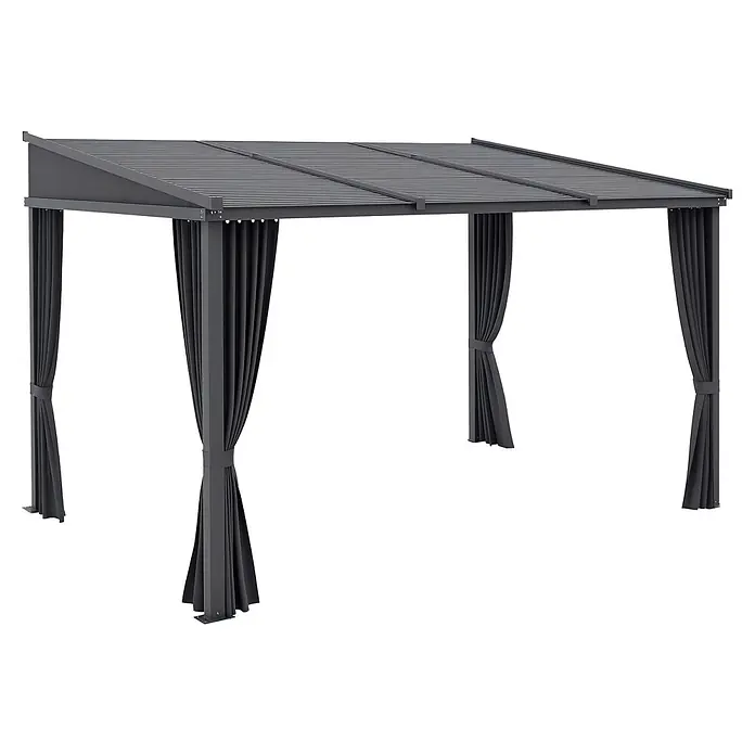 Outsunny Pergola - Farbe Gestell: Dunkelgrau, Aluminium - Dunkelgraue Metallpergola mit Lamellendach und vier zurückgebundenen dunkelgrauen Vorhängen für den Außenbereich.