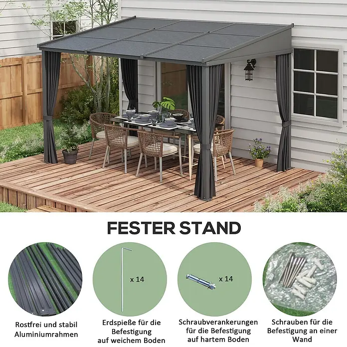 Outsunny Pergola - Farbe Gestell: Dunkelgrau, Aluminium - Rostfreier, grauer Aluminium-Terrassenpavillon mit Dach und Vorhängen, an einem Haus befestigt, über einem Essbereich. Inkl. vielseitiger Verankerungsoptionen.