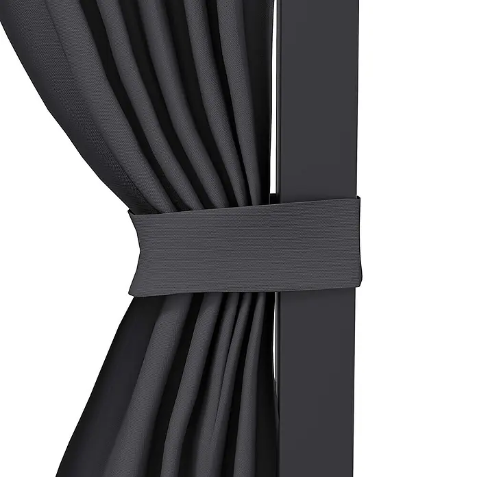 Outsunny Pergola - Farbe Gestell: Dunkelgrau, Aluminium - Dunkelgrauer Vorhang aus strukturiertem Stoff, mit passendem Raffhalter an einem dunklen Pfosten befestigt.