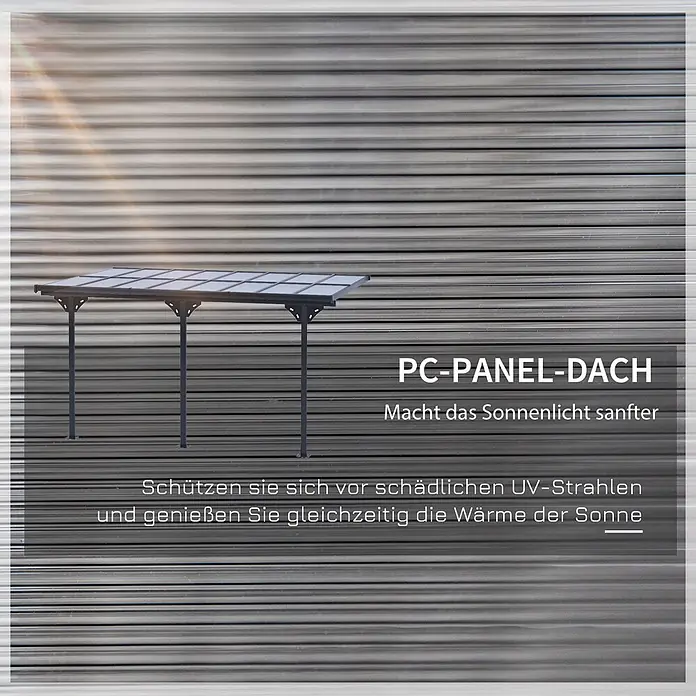 Outsunny Pergola - B x T: 302 x 302 cm, Farbe Gestell: Grau, Aluminium - Dunkelgraues Terrassendach mit PC-Platten, auf vier Pfosten stehend.
