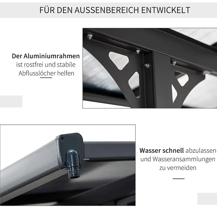 Outsunny Pergola - B x T: 302 x 302 cm, Farbe Gestell: Grau, Aluminium - Detailaufnahme eines rostfreien Aluminiumrahmens mit stabilen Entwässerungslöchern für effizienten Wasserablauf.