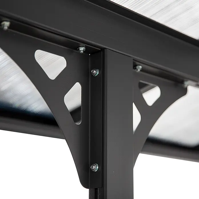 Outsunny Pergola - B x T: 302 x 302 cm, Farbe Gestell: Grau, Aluminium - Nahaufnahme eines schwarzen Metallgestells mit Verschraubungen, das lichtdurchlässige Platten einer Markisenstruktur trägt.