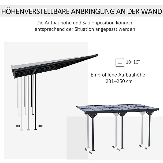 Outsunny Pergola - B x T: 302 x 302 cm, Farbe Gestell: Grau, Aluminium - Wandmontierte schwarze Pergola mit transparentem Dach, höhen- und säulenpositionierbar (231-250 cm, 10-16° Neigung).