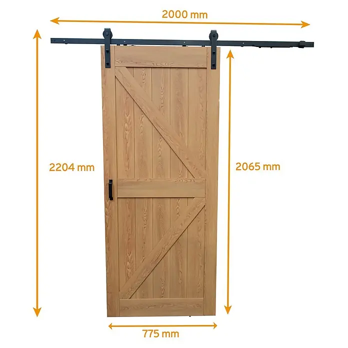 Inova Schiebetür-Komplettset Holzschiebetür Eiche 755 x 2065 Scheunentor mit Softlcose - 775 x 2.065 mm - Natürliche Holztür mit schwarzem Schiebetürsystem und Beschlägen, inklusive Maßen.