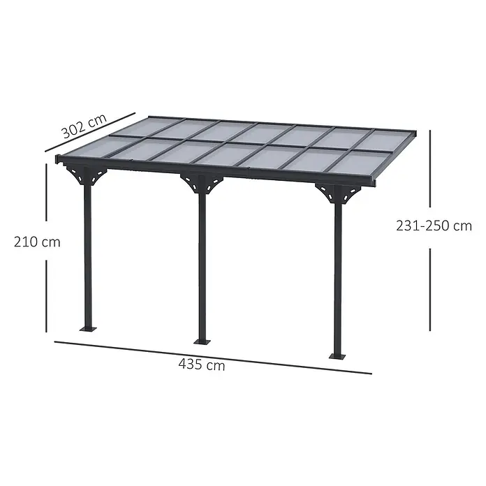 Outsunny Pergola - B x T: 302 x 302 cm, Farbe Gestell: Grau, Aluminium - Dunkelgraues Metall-Terrassendach mit lichtdurchlässigen Dachplatten. Maße: 435x302 cm, Höhe 210-250 cm.