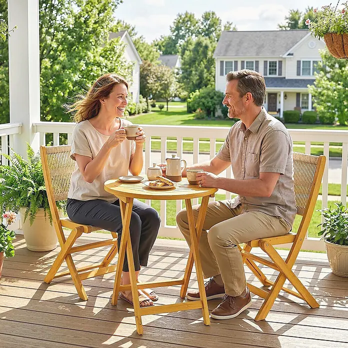 Outsunny Gartentisch-Set - Gesamtumfang: 3 -tlg., Akazienholz, Kunststoff, Klappbar - Ein Paar genießt Kaffee und Gebäck an einem kleinen, hellen Holzbistro-Set mit rundem Tisch und zwei Stühlen mit geflochtener Lehne auf einer Veranda.