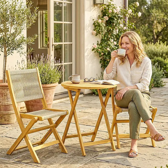 Outsunny Gartentisch-Set - Gesamtumfang: 3 -tlg., Akazienholz, Kunststoff, Klappbar - Outdoor-Bistro-Set aus Holz mit rundem Tisch und zwei Stühlen mit geflochtenen Sitzen, von einer Frau auf einer Terrasse genutzt.