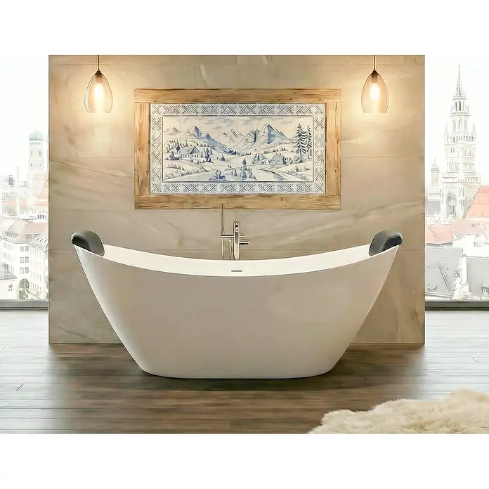 Bad Land Freistehende Badewanne IVAR freist. Badewanne 180x80 cm Weiß, Ablauf + 2 Kopfst. - Acryl, weiß - Elegante weiße freistehende Badewanne mit schwarzen Kopfstützen in einem modernen Badezimmer mit Stadtblick.
