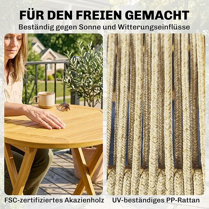 Outsunny Gartentisch-Set - Gesamtumfang: 3 -tlg., Akazienholz, Kunststoff, Klappbar - Outdoortisch aus FSC-Akazienholz und UV-beständigem PP-Rattan.