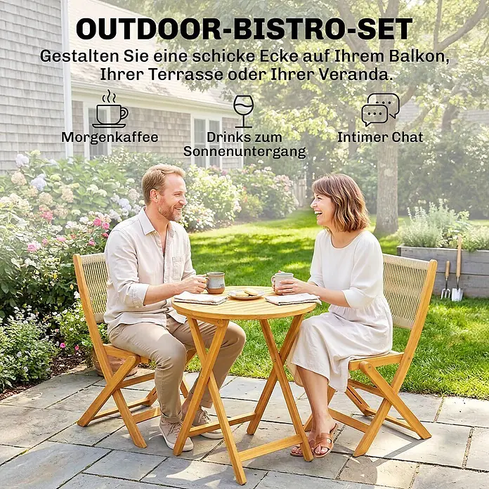 Outsunny Gartentisch-Set - Gesamtumfang: 3 -tlg., Akazienholz, Kunststoff, Klappbar - Ein hölzernes Outdoor-Bistro-Set mit zwei Stühlen und einem runden Tisch, von einem Paar im Garten genutzt.