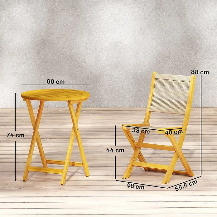Outsunny Gartentisch-Set - Gesamtumfang: 3 -tlg., Akazienholz, Kunststoff, Klappbar - Klappbarer Tisch und Stuhl aus hellem Holz, der Stuhl hat eine geflochtene Seilfläche und Rückenlehne.